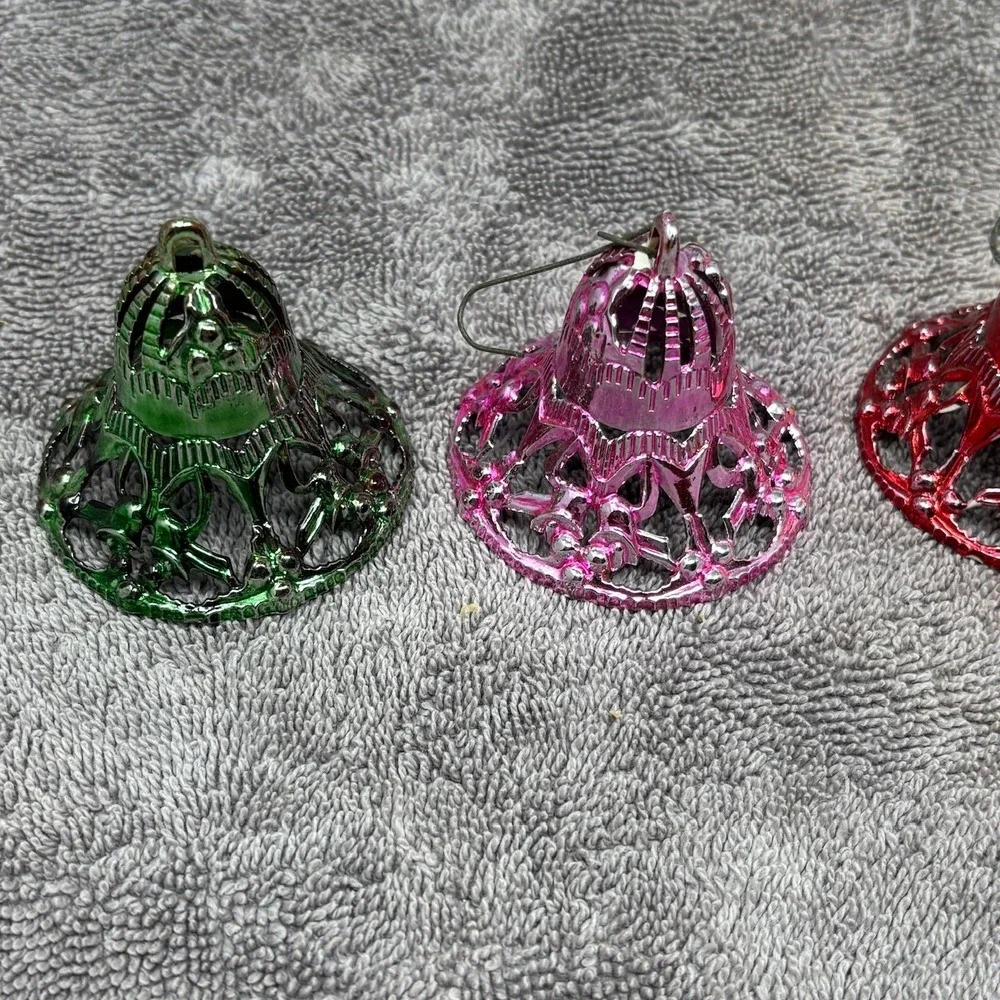 Vintage MCM Plastic Filigree Bell Christmas Ornaments Red Green Pink Lot of 4